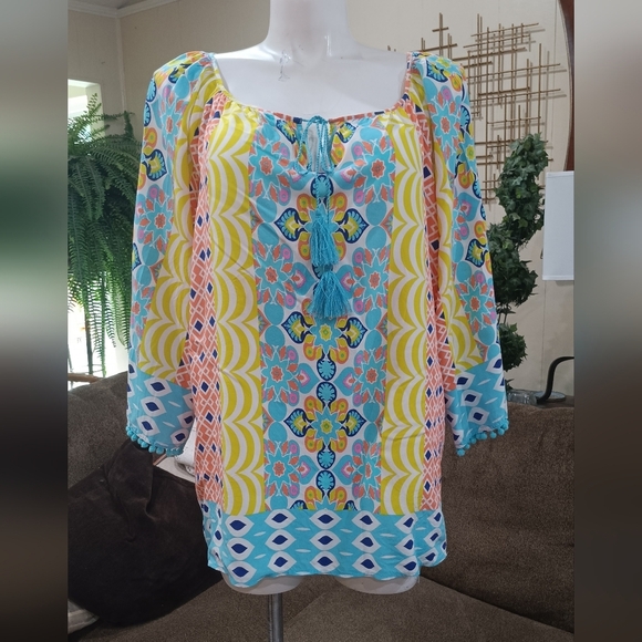 Ruby Rd. Tops - Ruby Rd. Bohemian Top Tassel Tie Neck Colorful Beach Vibe Peasant 3/4 Sleeves